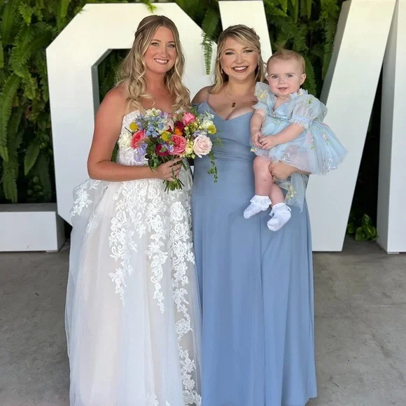 Floral Light Blue Custom-Made Flower girl/wedding guest dress with custom bow - Picture 5 of 7